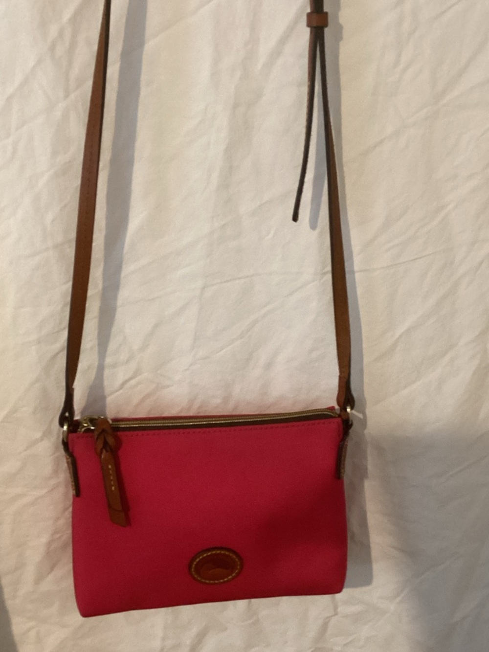 Dooney & Bourke Nylon Pouchette Crossbody fuchsia pink with Brown Strap